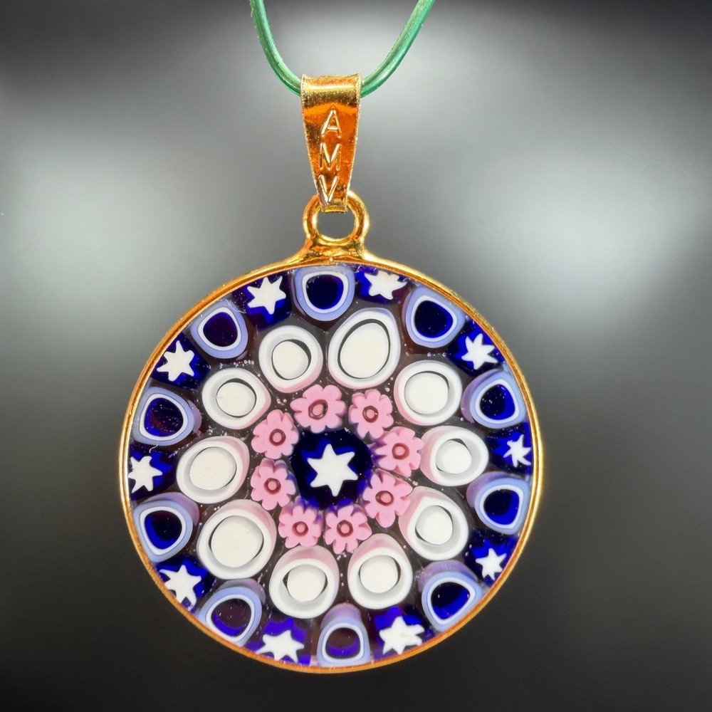 AMV Murano Millefiori Glass Pendant Hand Made Glass Italy Blue Pink Star VTG - Picture 8 of 11